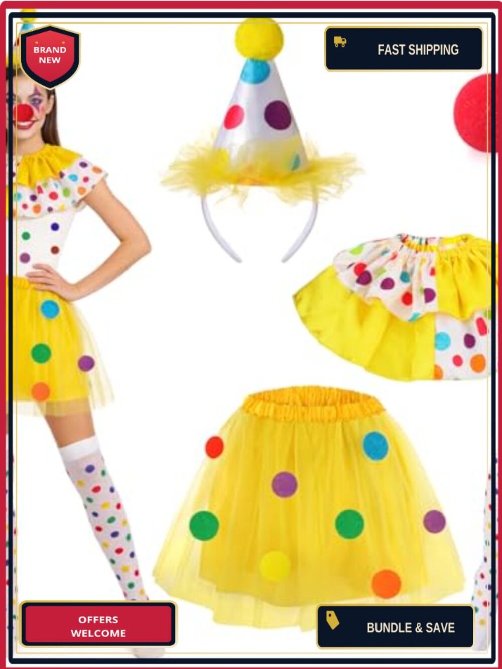 Clown Costume 5-Piece Set Tutu Skirt Collar Headband Socks Red Nose Adult